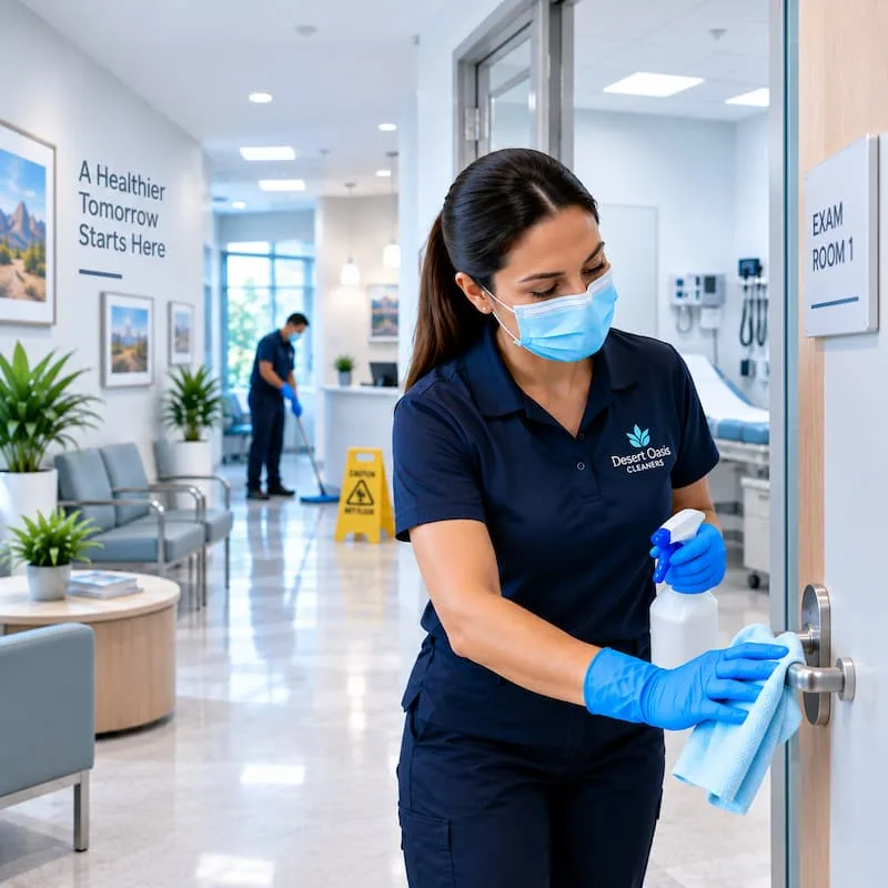 A close-up image of a cleaner holding a blue bucket with cleaning supplies in it Restaurant Cleaning Services